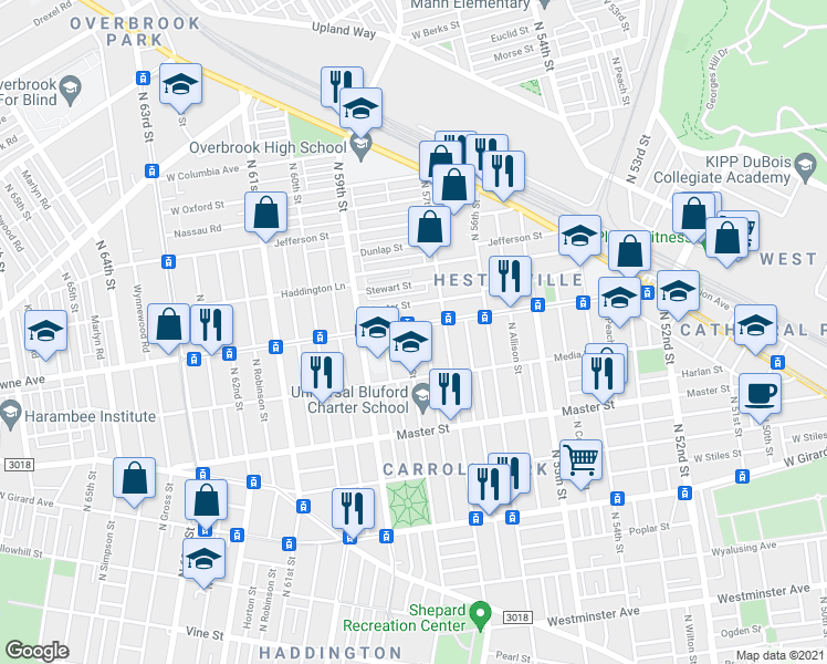 map of restaurants, bars, coffee shops, grocery stores, and more near 5734 Lansdowne Avenue in Philadelphia