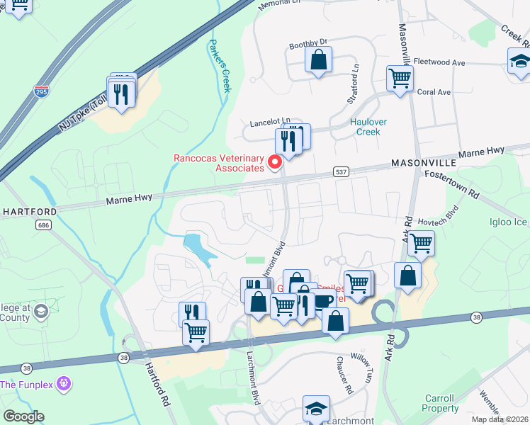 map of restaurants, bars, coffee shops, grocery stores, and more near 1 Larchmont Place in Mount Laurel Township