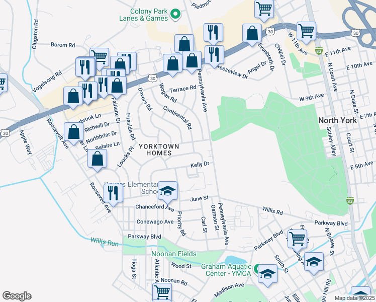 map of restaurants, bars, coffee shops, grocery stores, and more near 705 Gunnison Road in York