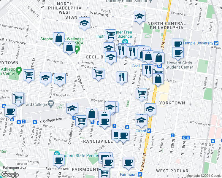 map of restaurants, bars, coffee shops, grocery stores, and more near 1417 North 18th Street in Philadelphia