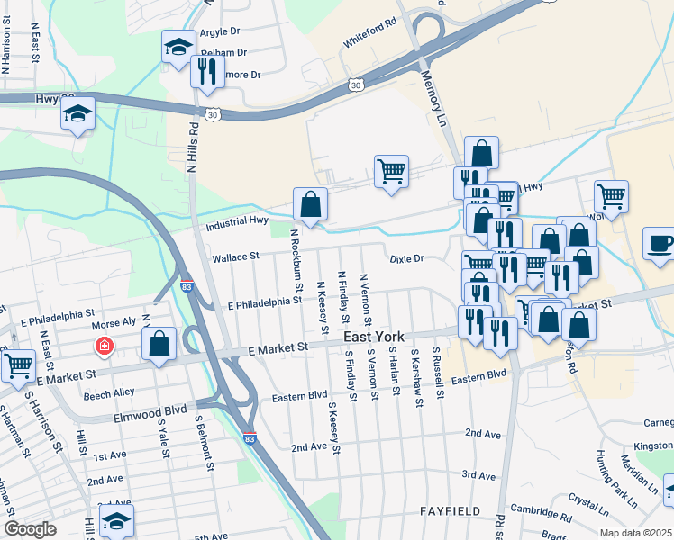 map of restaurants, bars, coffee shops, grocery stores, and more near 124 North Findlay Street in East York