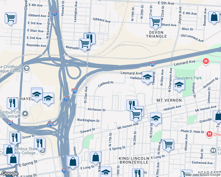 map of restaurants, bars, coffee shops, grocery stores, and more near 521 Sawyer Boulevard in Columbus