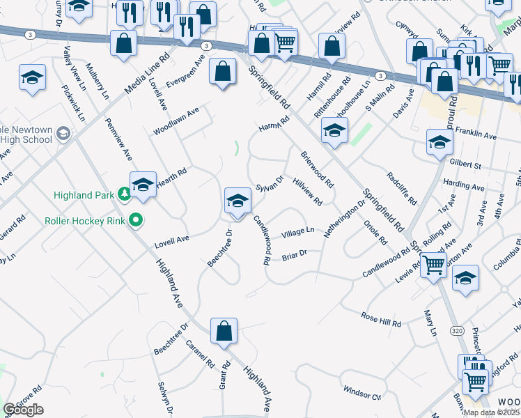 map of restaurants, bars, coffee shops, grocery stores, and more near 209 Parkview Drive in Broomall
