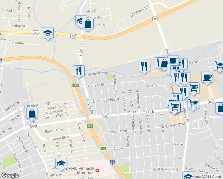 map of restaurants, bars, coffee shops, grocery stores, and more near 135 North Marshall Street in York
