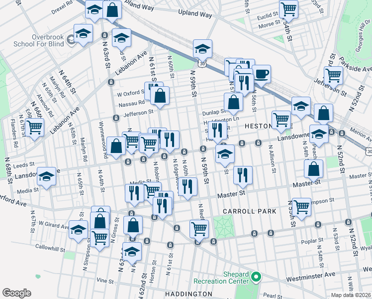 map of restaurants, bars, coffee shops, grocery stores, and more near in Philadelphia