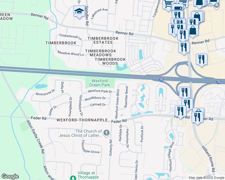 map of restaurants, bars, coffee shops, grocery stores, and more near 5986 Wexford Park Drive in Columbus