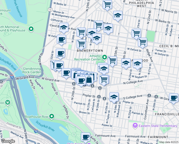 map of restaurants, bars, coffee shops, grocery stores, and more near 2719 West Thompson Street in Philadelphia