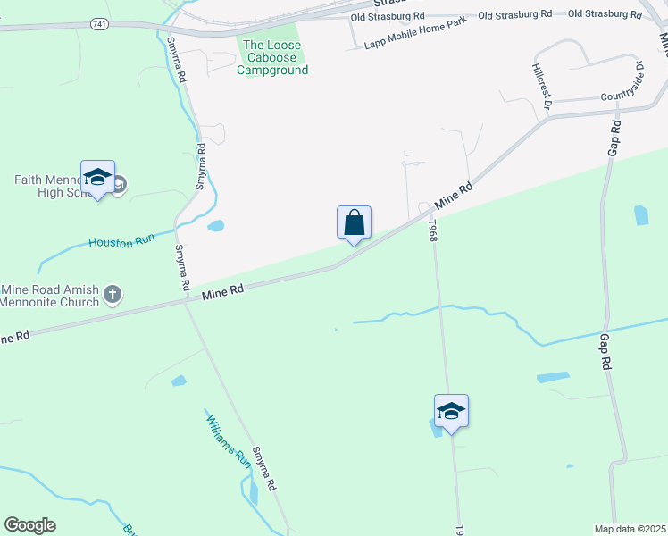 map of restaurants, bars, coffee shops, grocery stores, and more near 5200 Mine Road in Kinzers