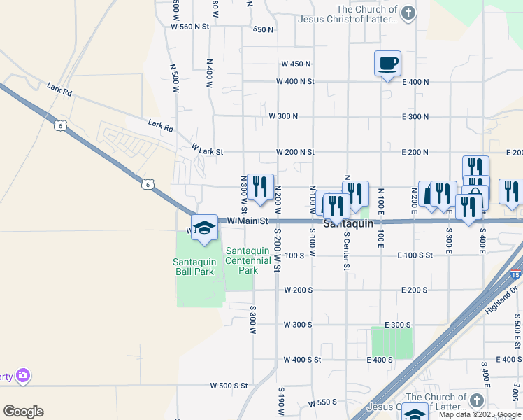 map of restaurants, bars, coffee shops, grocery stores, and more near 252 West Main Street in Santaquin
