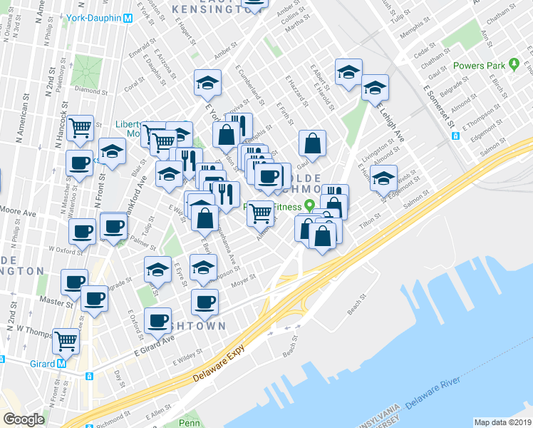 map of restaurants, bars, coffee shops, grocery stores, and more near 2539 East Dakota Street in Philadelphia