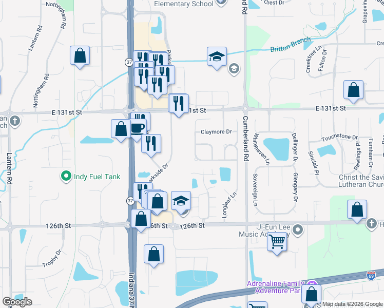 map of restaurants, bars, coffee shops, grocery stores, and more near 12960 Saint Andrews Way in Fishers