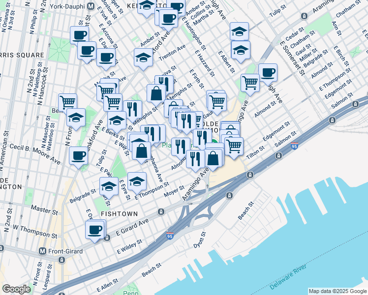 map of restaurants, bars, coffee shops, grocery stores, and more near 2539 East Dakota Street in Philadelphia