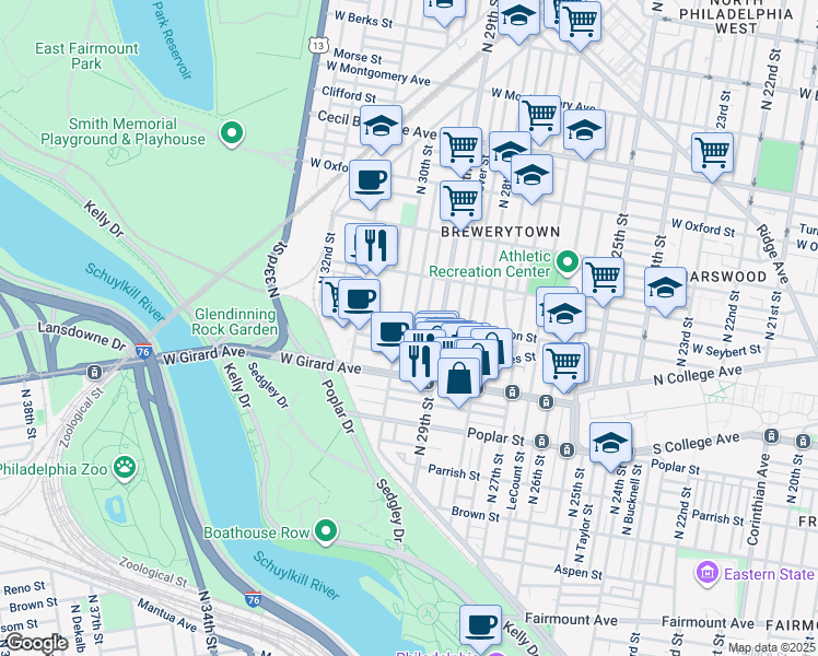 map of restaurants, bars, coffee shops, grocery stores, and more near 1256 North Myrtlewood Street in Philadelphia