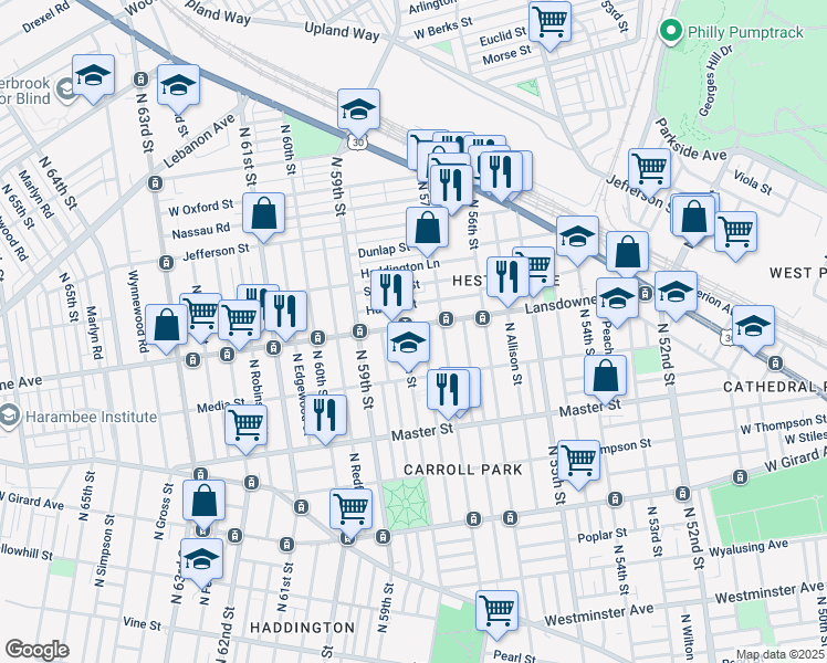 map of restaurants, bars, coffee shops, grocery stores, and more near 5730 Lansdowne Avenue in Philadelphia