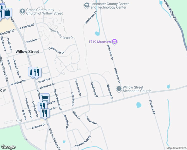 map of restaurants, bars, coffee shops, grocery stores, and more near 308 Wynwood Drive in Willow Street