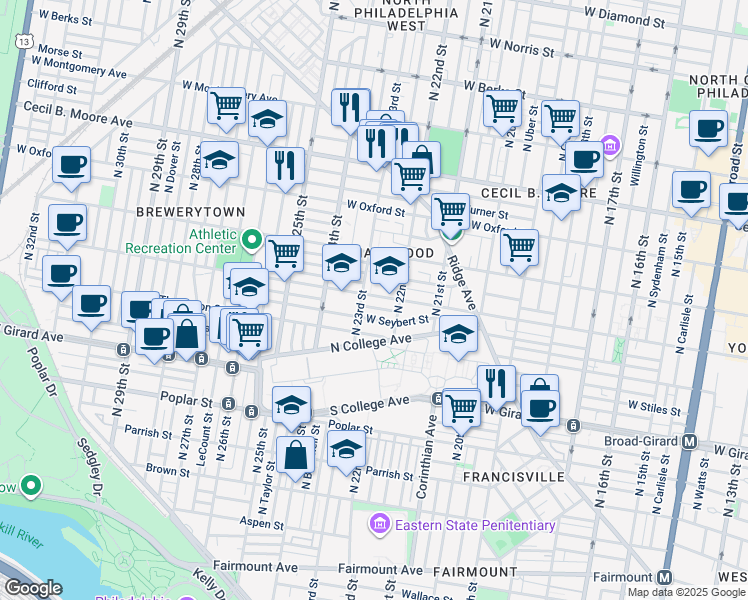 map of restaurants, bars, coffee shops, grocery stores, and more near 2213 Master Street in Philadelphia