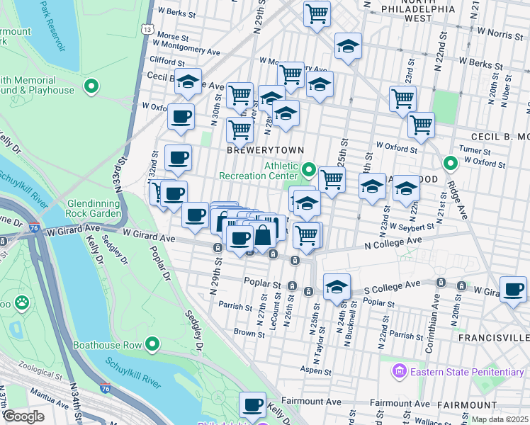 map of restaurants, bars, coffee shops, grocery stores, and more near 2719 West Thompson Street in Philadelphia