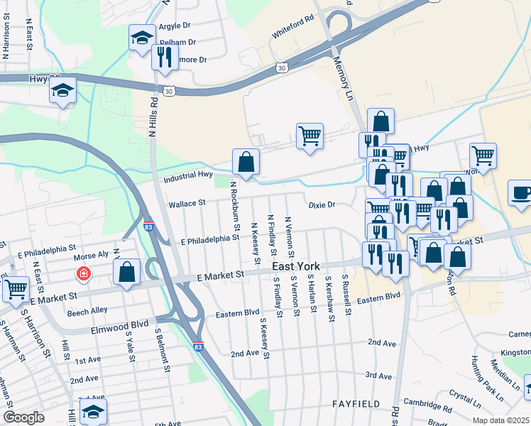 map of restaurants, bars, coffee shops, grocery stores, and more near 124 North Findlay Street in East York