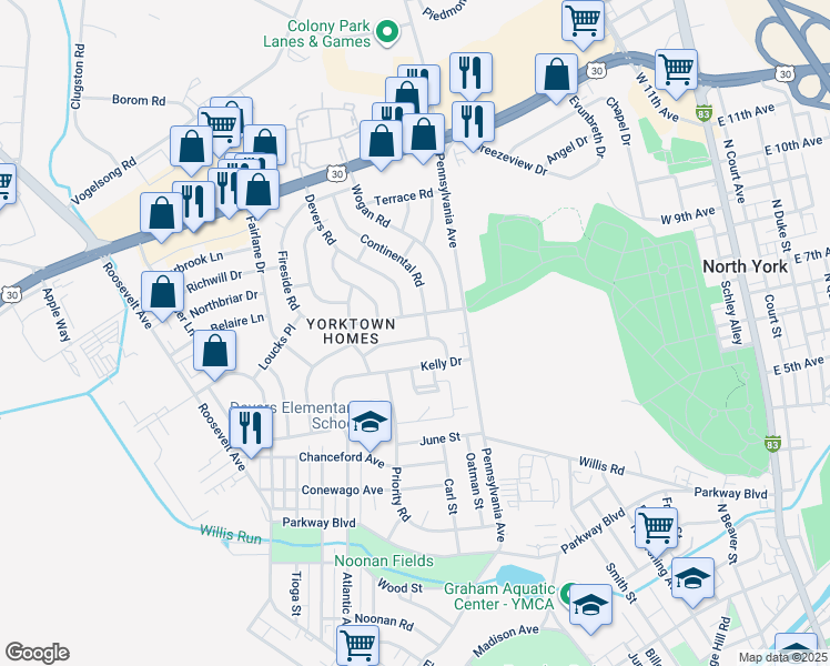 map of restaurants, bars, coffee shops, grocery stores, and more near 705 Gunnison Road in York