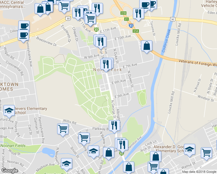 map of restaurants, bars, coffee shops, grocery stores, and more near 954 North George Street in York