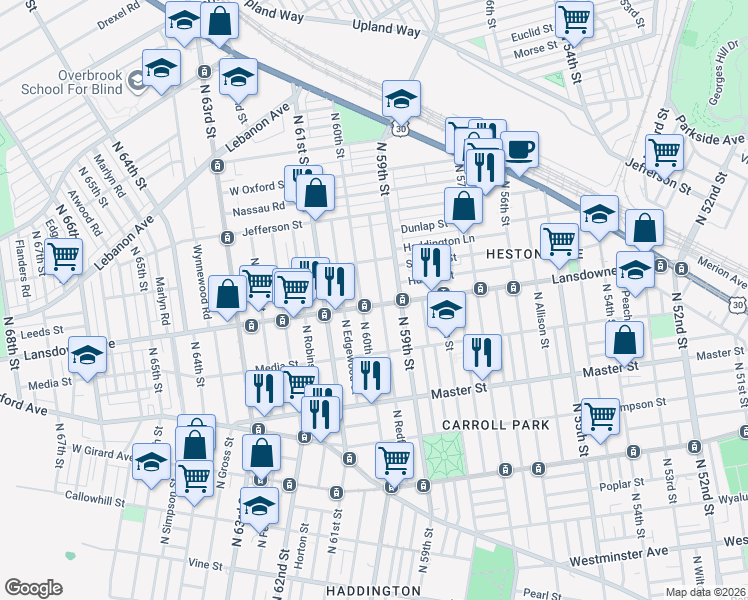 map of restaurants, bars, coffee shops, grocery stores, and more near 5933 Lansdowne Avenue in Philadelphia