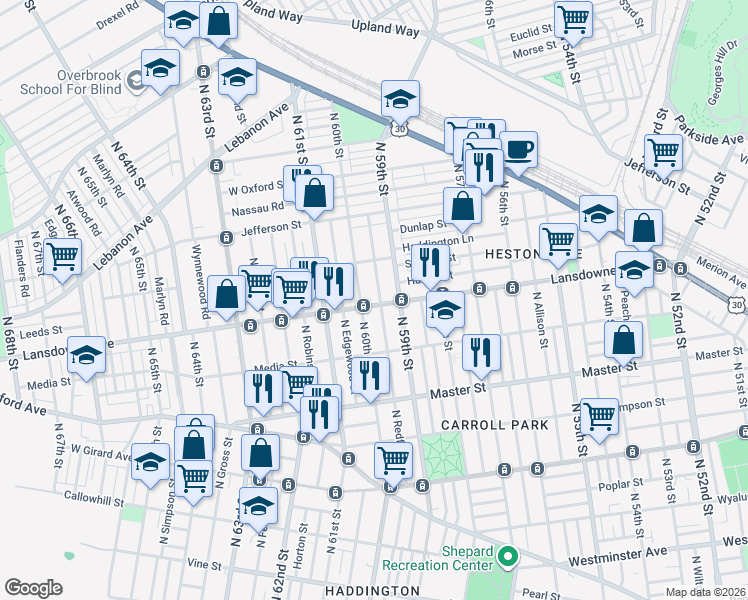 map of restaurants, bars, coffee shops, grocery stores, and more near 5929 Lansdowne Avenue in Philadelphia
