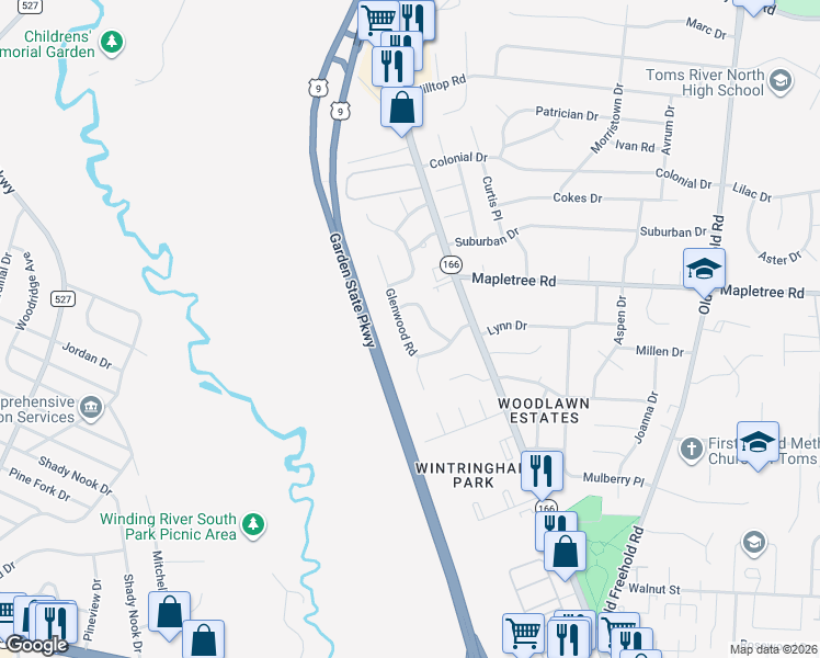 map of restaurants, bars, coffee shops, grocery stores, and more near 1118 Parkview Lane in Toms River