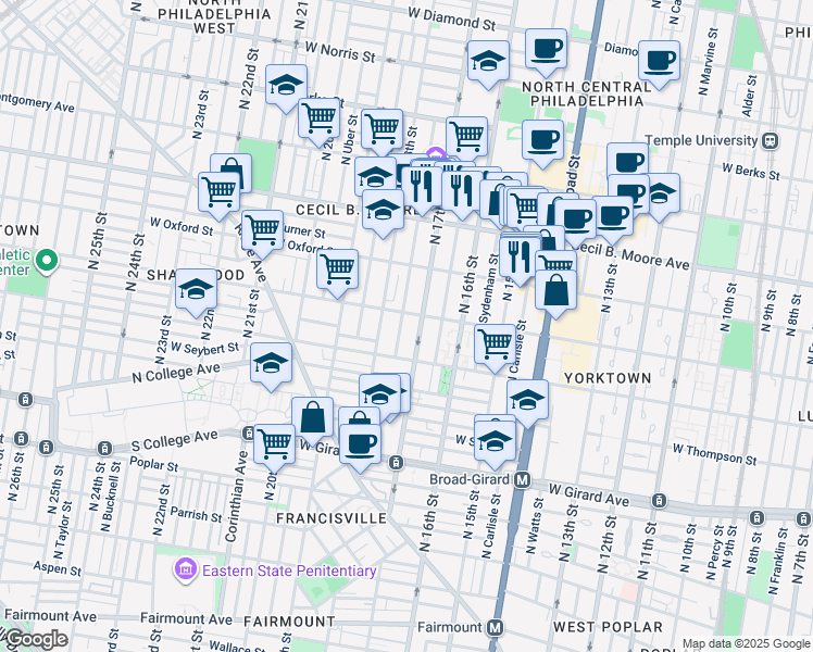 map of restaurants, bars, coffee shops, grocery stores, and more near 1427 North Bouvier Street in Philadelphia