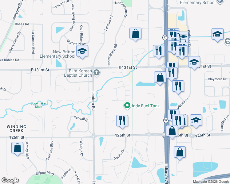 map of restaurants, bars, coffee shops, grocery stores, and more near 9008 Rider Drive in Fishers