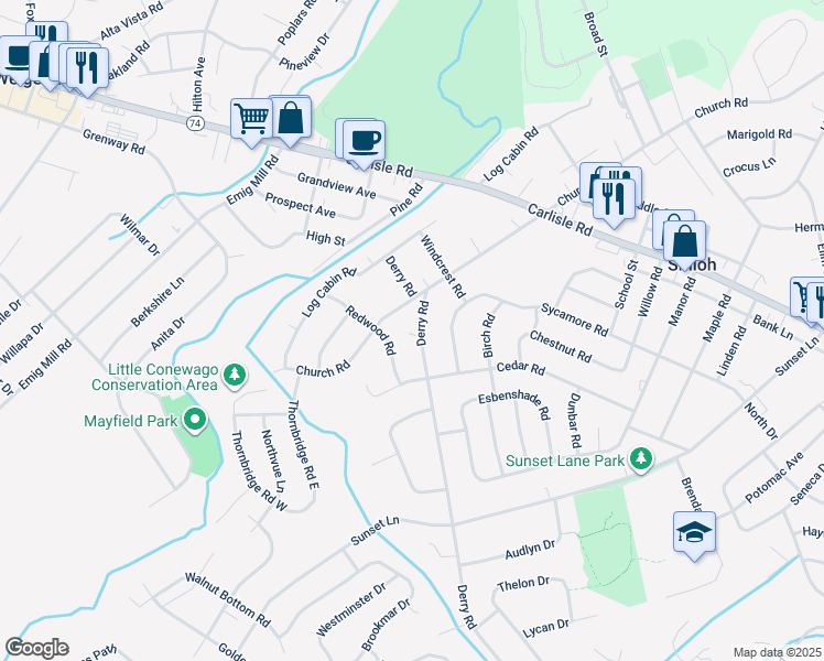 map of restaurants, bars, coffee shops, grocery stores, and more near 2340 Derry Road in York
