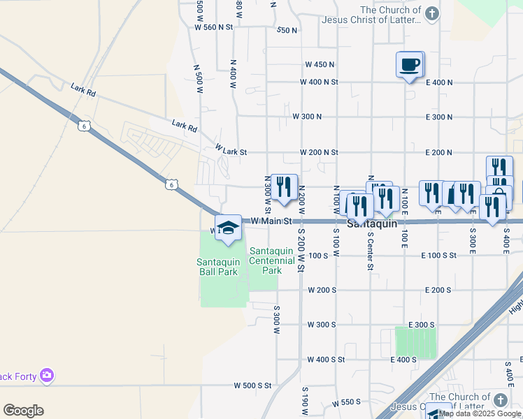 map of restaurants, bars, coffee shops, grocery stores, and more near 43 North 300 West Street in Santaquin