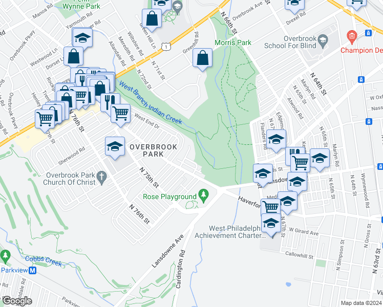 map of restaurants, bars, coffee shops, grocery stores, and more near 7328 Ruskin Road in Philadelphia