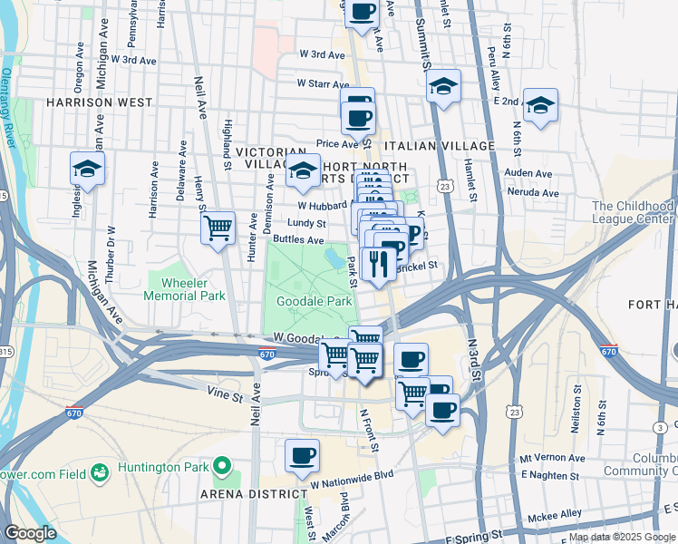 map of restaurants, bars, coffee shops, grocery stores, and more near 120 West Goodale Street in Columbus