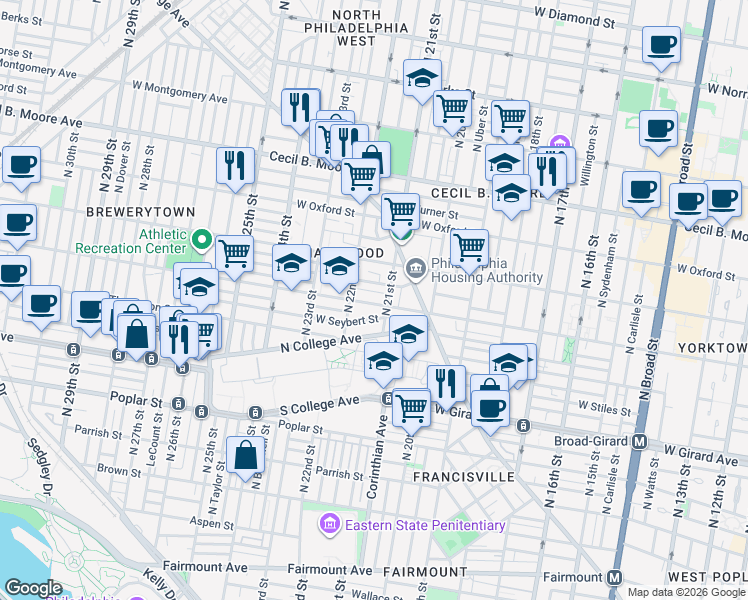 map of restaurants, bars, coffee shops, grocery stores, and more near 2122 Sharswood Street in Philadelphia