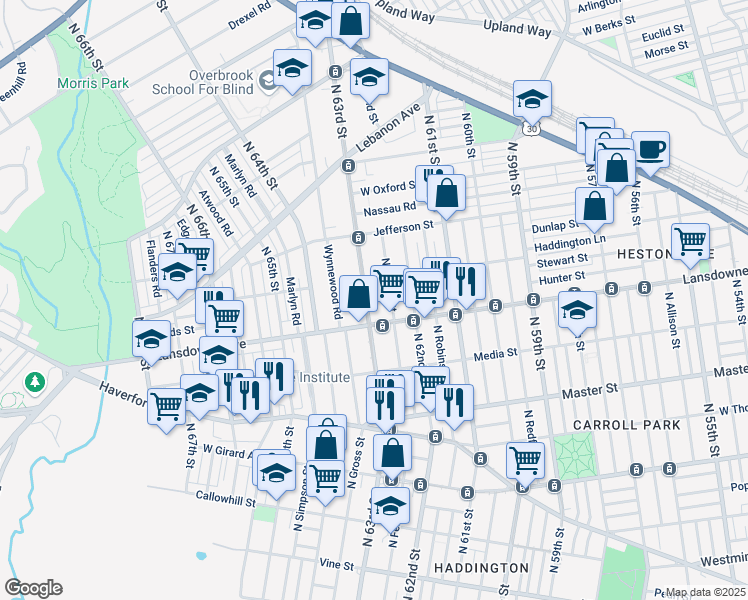 map of restaurants, bars, coffee shops, grocery stores, and more near 813 North 63rd Street in Philadelphia