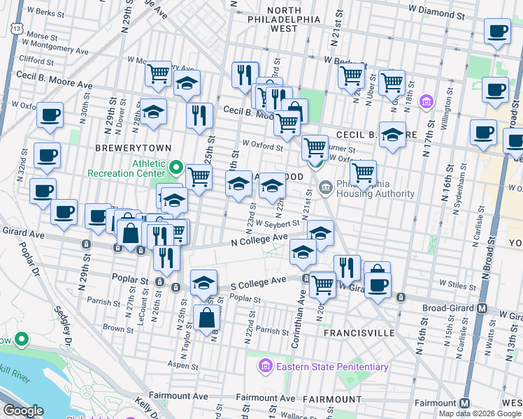 map of restaurants, bars, coffee shops, grocery stores, and more near 2213 Master Street in Philadelphia