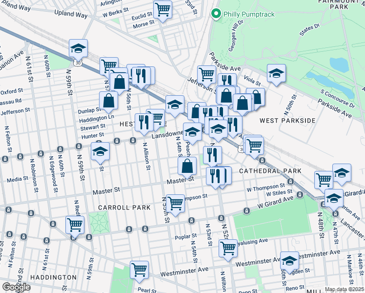 map of restaurants, bars, coffee shops, grocery stores, and more near 1519 North 54th Street in Philadelphia