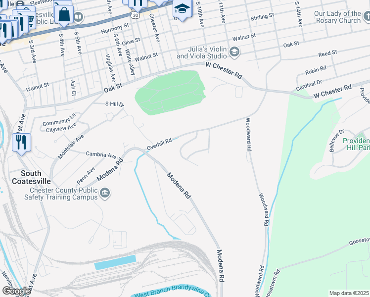map of restaurants, bars, coffee shops, grocery stores, and more near 49 Lukens Mill Drive in Coatesville