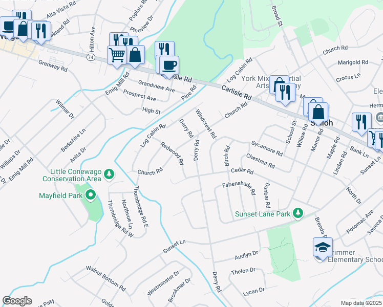 map of restaurants, bars, coffee shops, grocery stores, and more near 2340 Derry Road in York