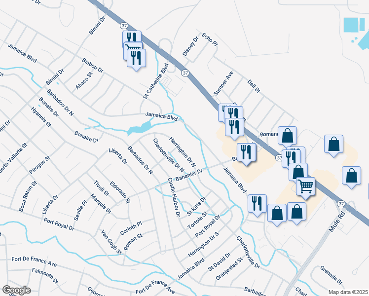 map of restaurants, bars, coffee shops, grocery stores, and more near 254 Harrington Drive North in Toms River
