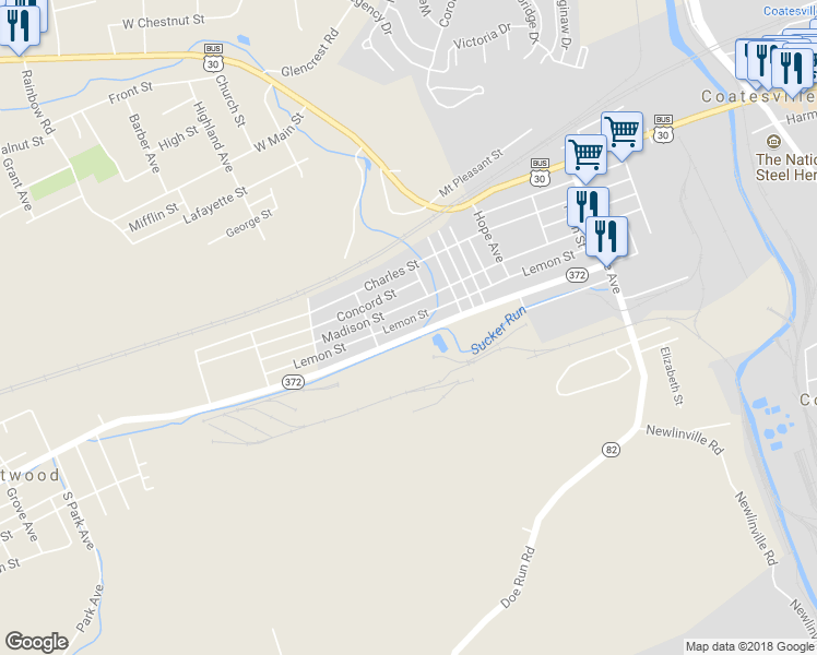 map of restaurants, bars, coffee shops, grocery stores, and more near 739 Valley Road in Coatesville