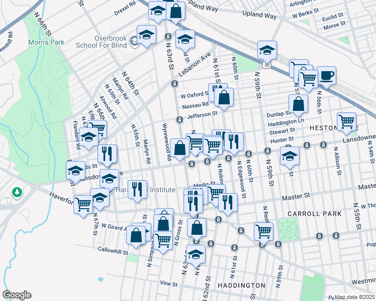 map of restaurants, bars, coffee shops, grocery stores, and more near 813 North 63rd Street in Philadelphia