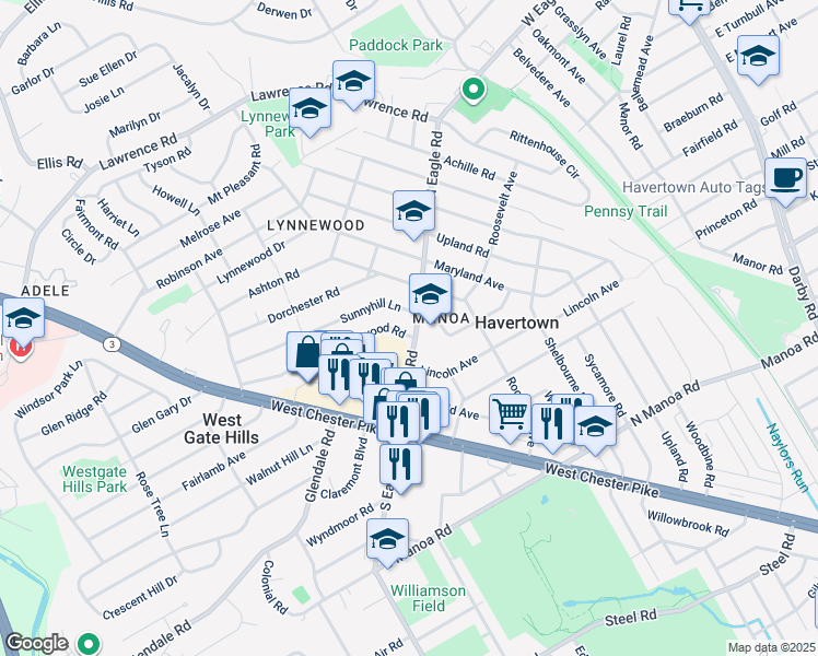 map of restaurants, bars, coffee shops, grocery stores, and more near 1400 Brierwood Road in Havertown