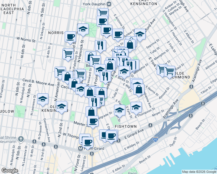 map of restaurants, bars, coffee shops, grocery stores, and more near 1767 Frankford Avenue in Philadelphia