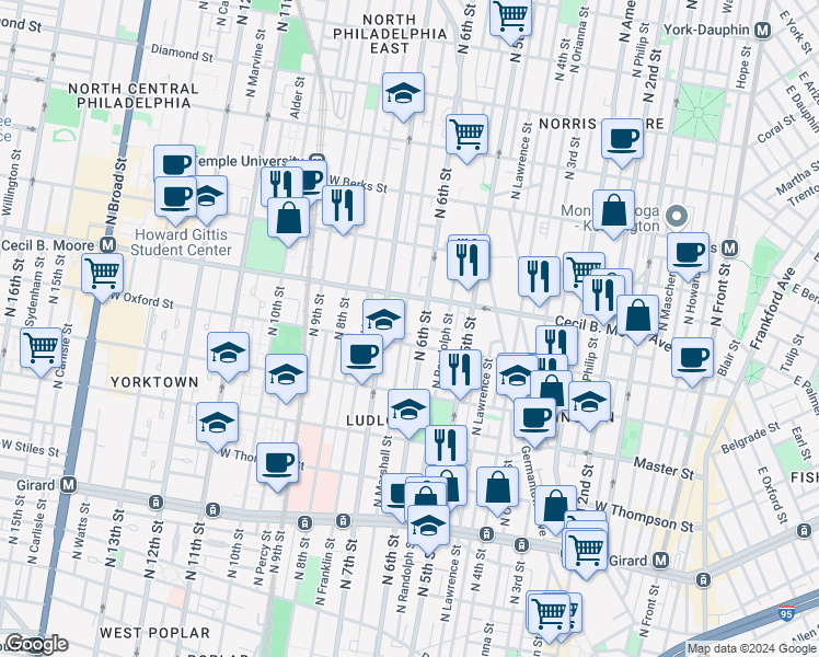 map of restaurants, bars, coffee shops, grocery stores, and more near 1619 North Marshall Street in Philadelphia