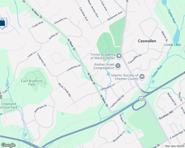 map of restaurants, bars, coffee shops, grocery stores, and more near 985 North New Street in West Chester