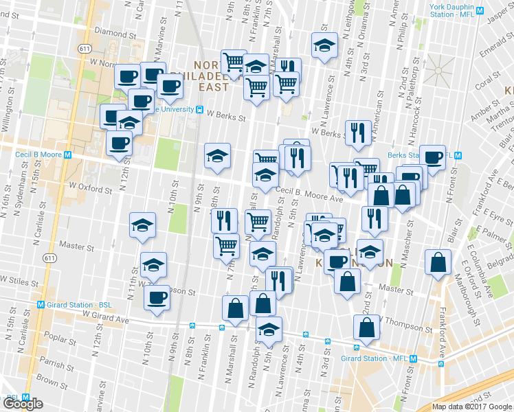 map of restaurants, bars, coffee shops, grocery stores, and more near 1619 North Marshall Street in Philadelphia