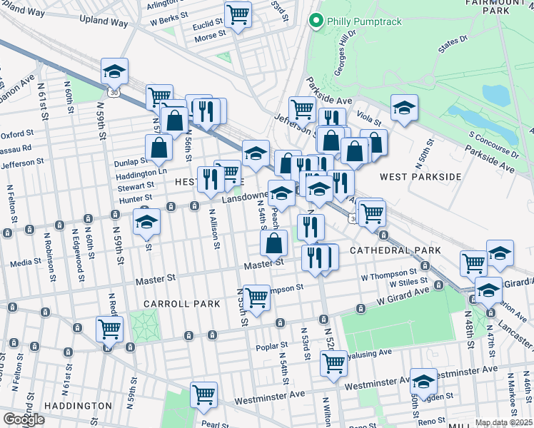 map of restaurants, bars, coffee shops, grocery stores, and more near 1519 North 54th Street in Philadelphia