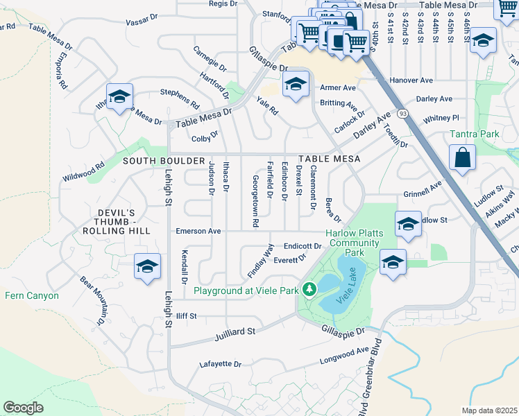 map of restaurants, bars, coffee shops, grocery stores, and more near 1295 Georgetown Road in Boulder