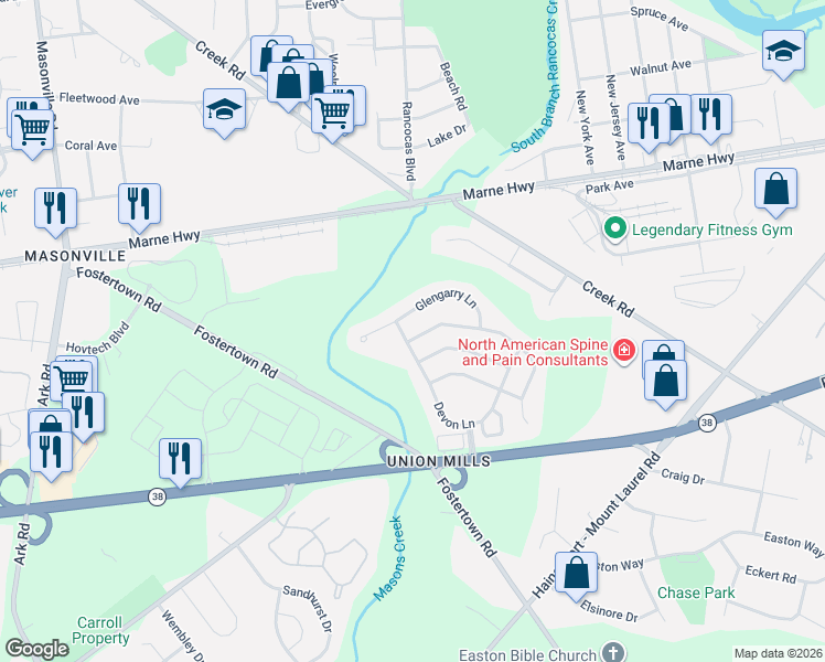 map of restaurants, bars, coffee shops, grocery stores, and more near 149 Glengarry Lane in Hainesport
